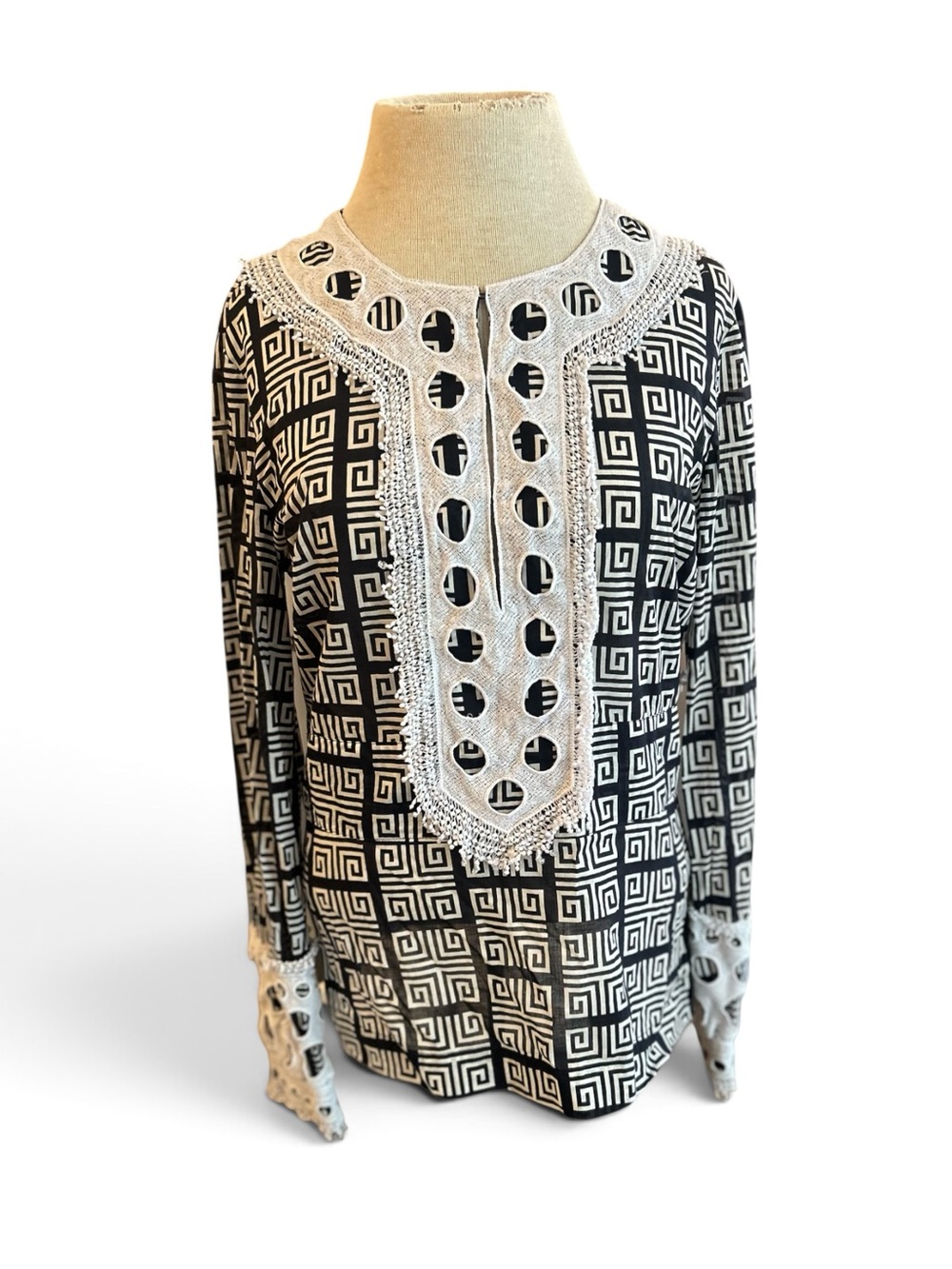 Tory Burch Derelia Black White Geometric Long-Sleeve Top Embroidered Yoke Cotton